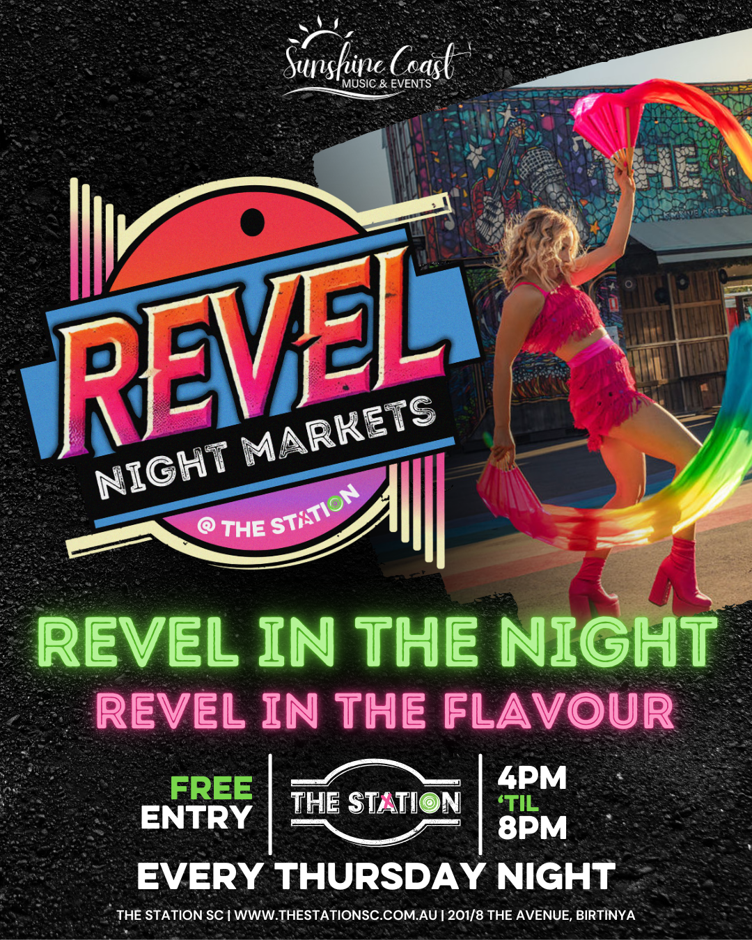 Thursday 1st May at 4PM Revel Night Markets - Revel In The Night. Revel In The Flavour All ages Location in venue: The Concourse