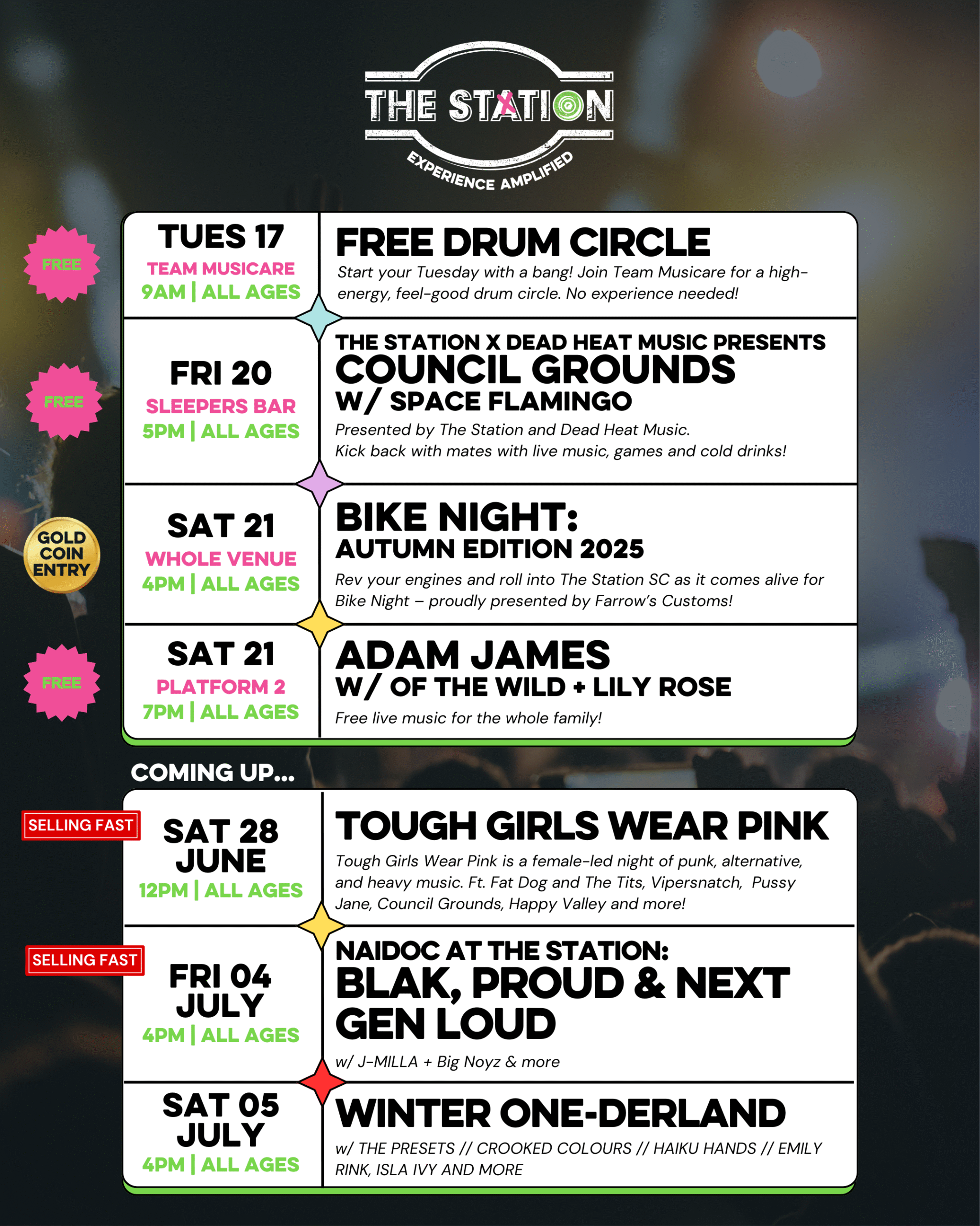 Tuesday 17th June at 9AM Team Musicare’s Free Drum Circle Start your Tuesday with a bang! Join Team Musicare for a high-energy, feel-good drum circle. No experience needed! All ages Location in venue: Team Musicare Friday 20th June at 5PM The Station x Dead Heat Music presents Council Grounds w/ Space flamingo Kick back with mates with live music, games and cold drinks! Presented by The Station and Dead Heat Music. All Ages Location in venue: The Sleepers Saturday 21th June at 4PM Bike Night: Autumn 2025 Edition Rev your engines and roll into an unforgettable evening as The Station SC comes alive for Bike Night: Autumn 2025 Edition – proudly presented by our Platinum Sponsor Farrow’s Customs! All Ages Location in venue: Whole Venue Saturday 21th June at 7PM Adam James w/ Of The Wild + Lily Rose Free live music for the whole family! All Ages Location in venue: Platform 2
